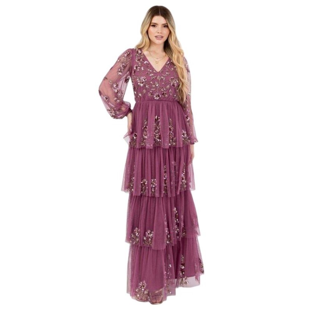 Maya Deluxe Womens/Ladies Sequin Tiered Maxi Dress / Rose